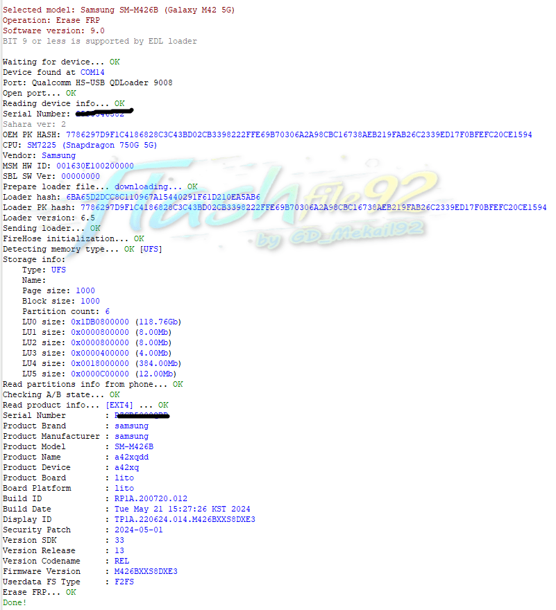 SM-M426B Samsung M42 Binary-8 FRP Remove Done